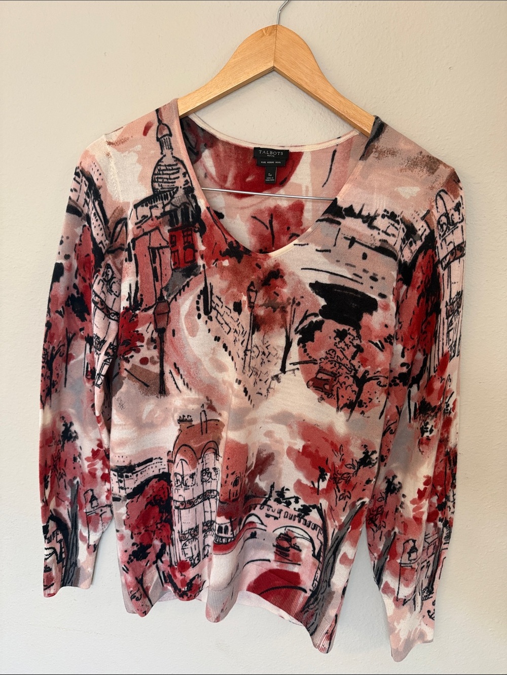 Talbots Red, Pink and Black Scenic Print V-Neck Sweater